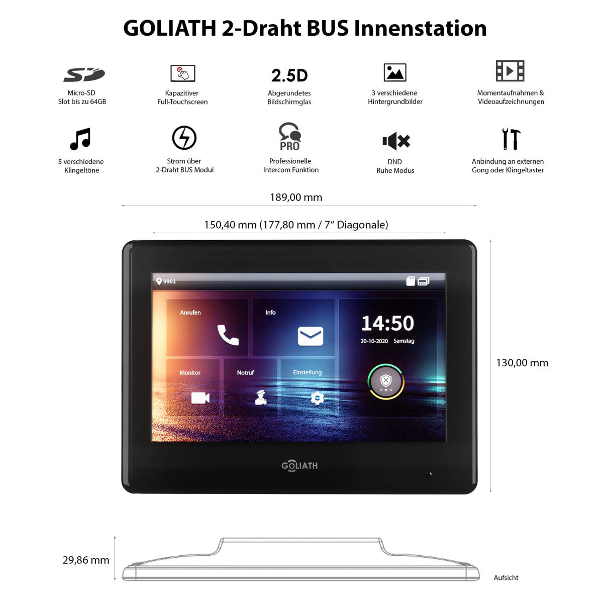 GOLIATH Hybrid 2-Draht BUS Türsprechanlage | App | Stele | 1x7 Zoll Schwarz und Weiß | RFID | 180°